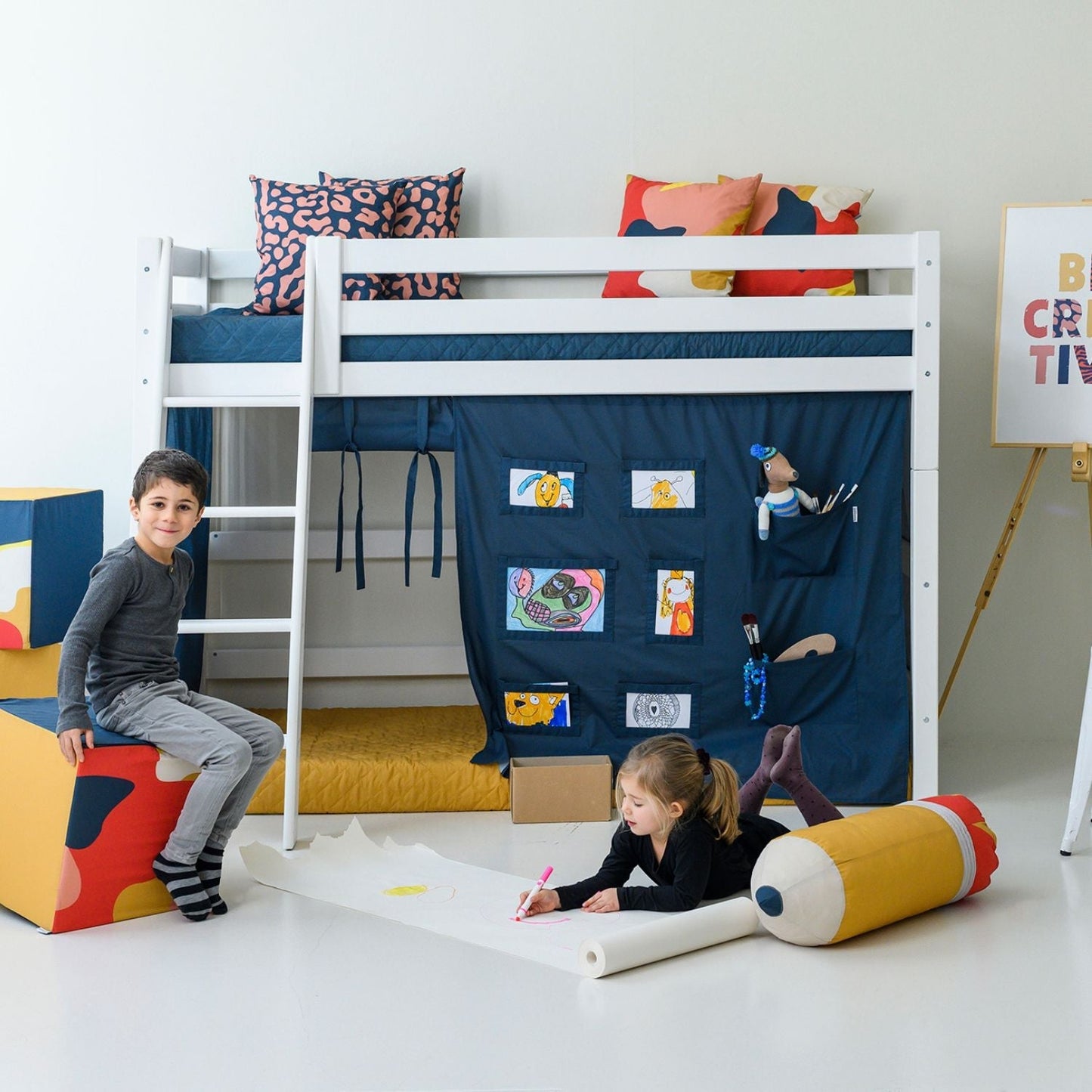 ECO Luxury Medium High Bed with Blue Creator Bed Curtain
