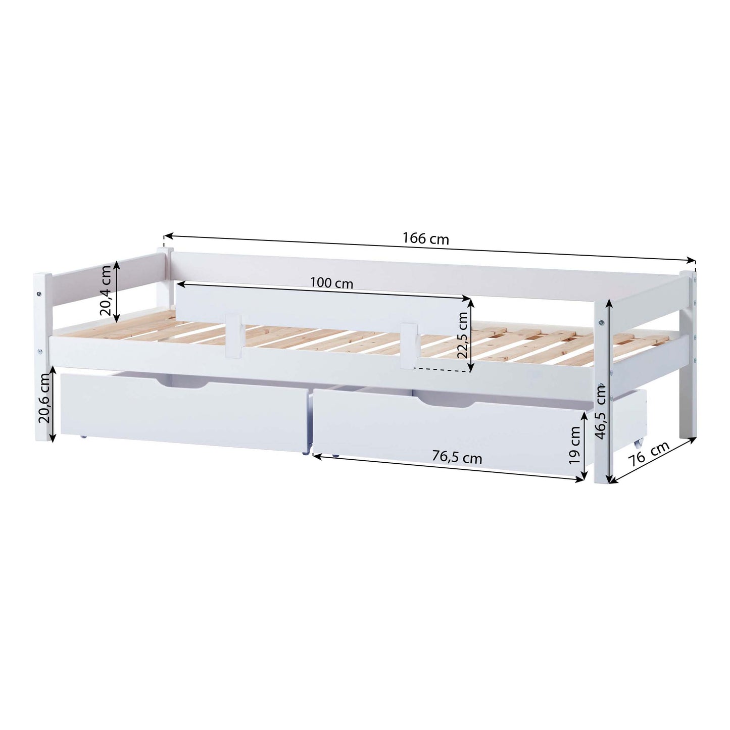 Hoppekids Junior Bed, 70x160cm, with Drawers & Bed Rail, Dusted Blue