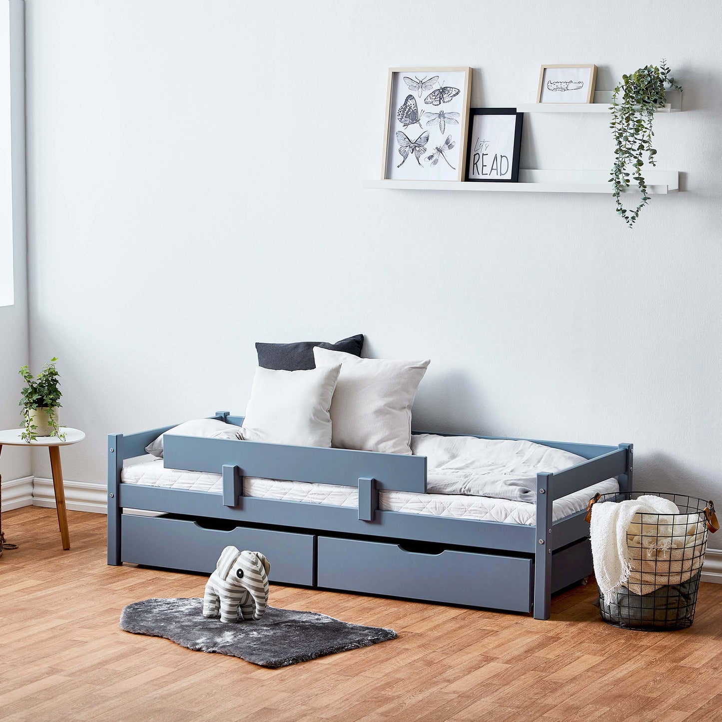 Hoppekids Junior Bed, 70x160cm, with Drawers & Bed Rail, Dusted Blue