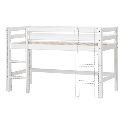 White loft bed with wooden slats on a white background with a dotted line visual showing that the ladder can be placed at either end of the bed