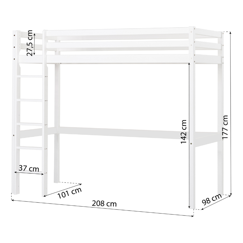 White loft bed with dimensions labeled on a white background