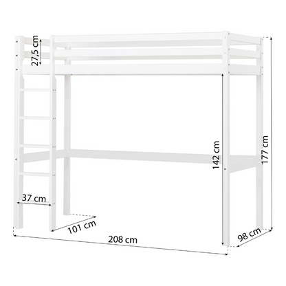 White loft bed with dimensions labeled on a white background