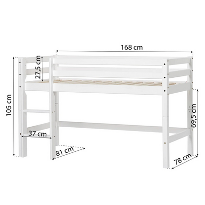 White wooden bed with dimensions labeled on a white background