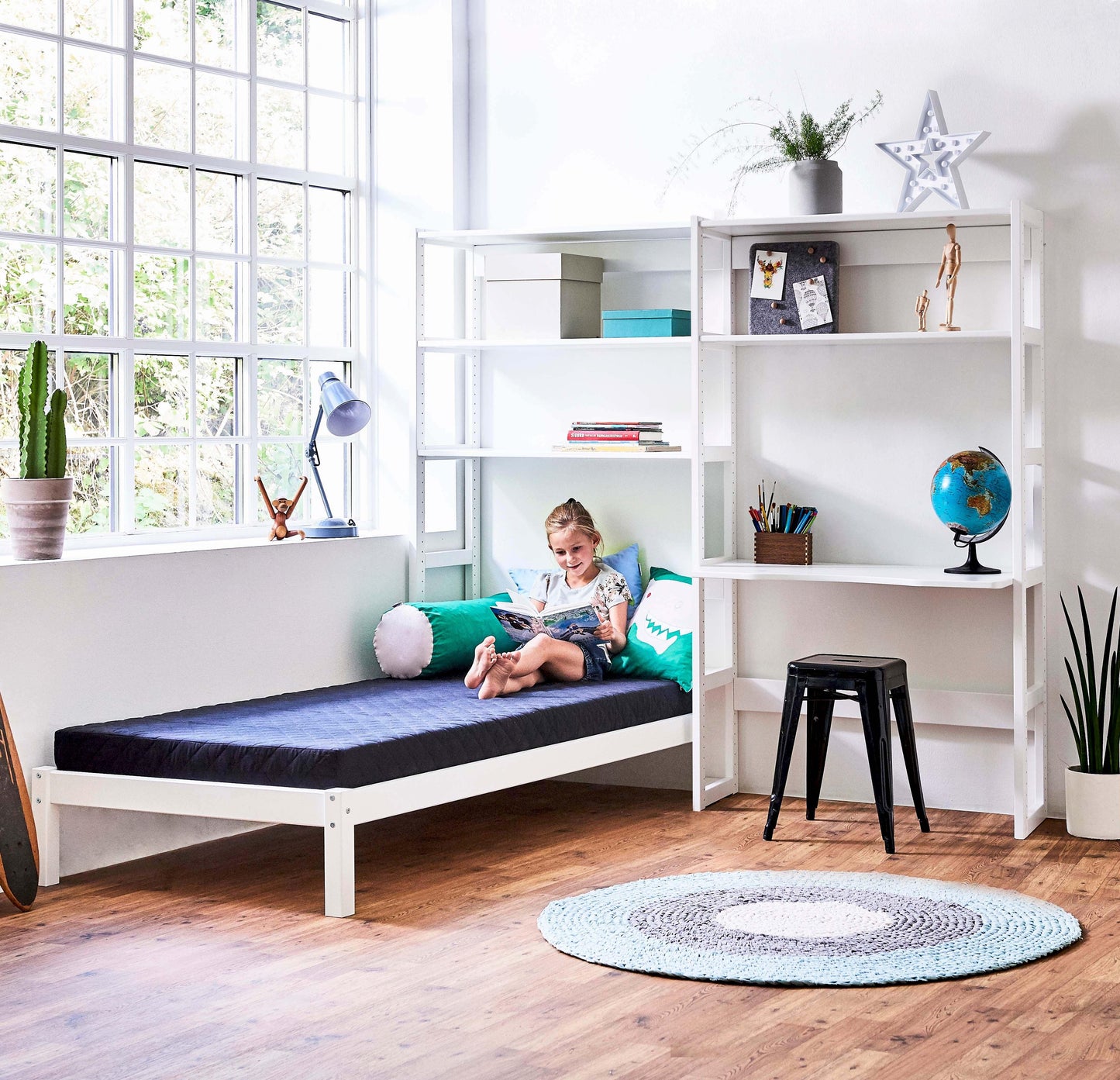 Hoppekids STOREY Shelf with 2 Sections, 4 Shelves, Bed in 70x160 cm, and 80 cm Desk Top – White