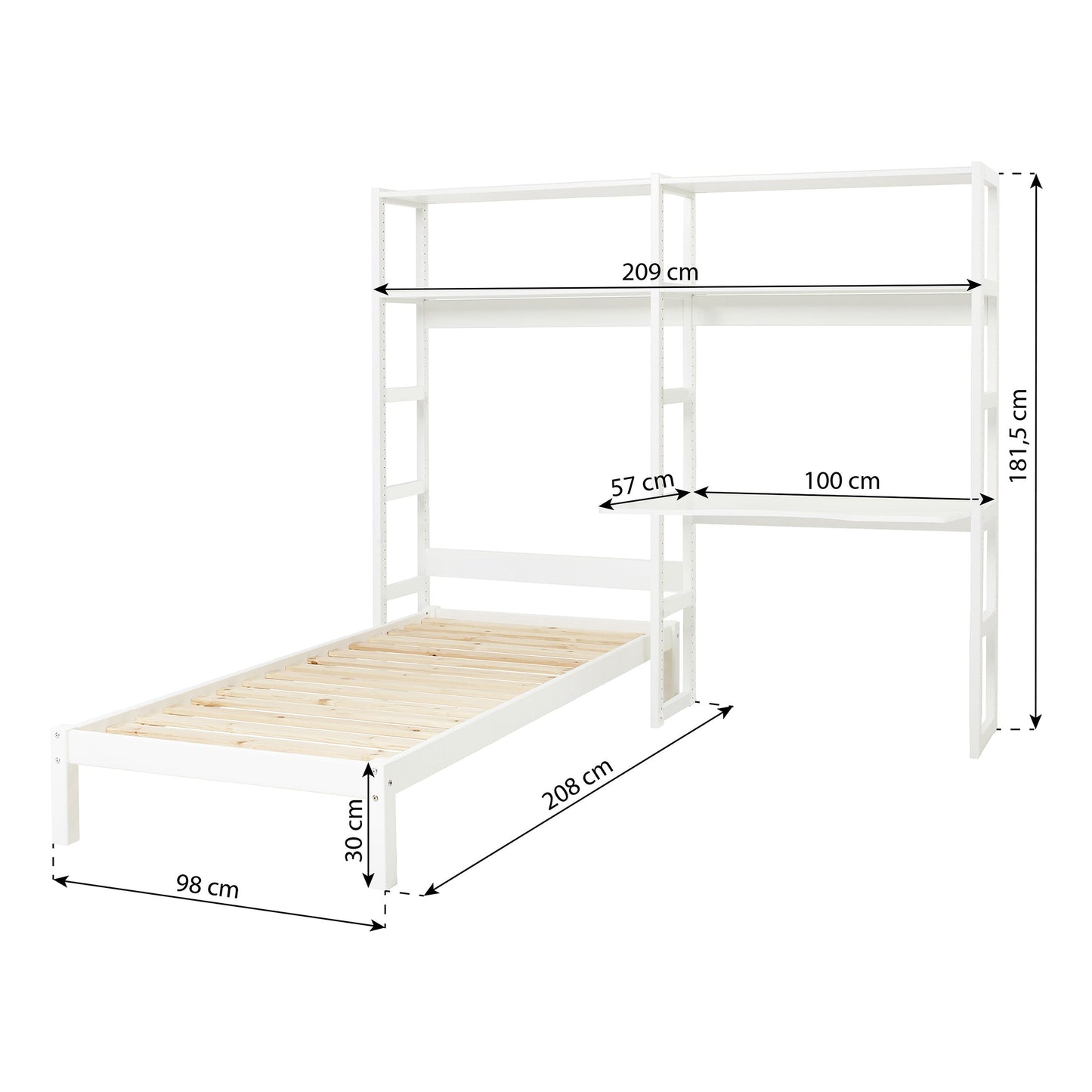 Hoppekids STOREY Shelf with 2 Sections, 4 Shelves, Bed in 70x160 cm, and 80 cm Desk Top – White